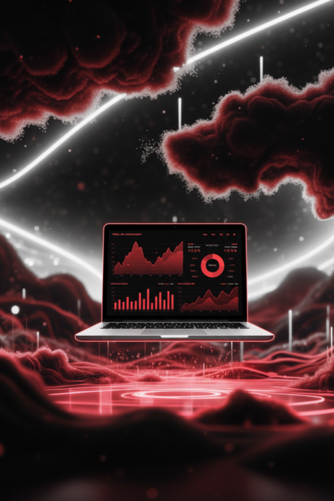 A laptop with an abstract backdrop in red, black, and white displays an investment strategy analytics dashboard filled with graphs and diagrams.